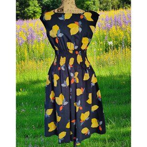 Kate Spade Blair Size 2 Lemon Dress, Navy Blue Shirred Waist, 50's Style, Cotton